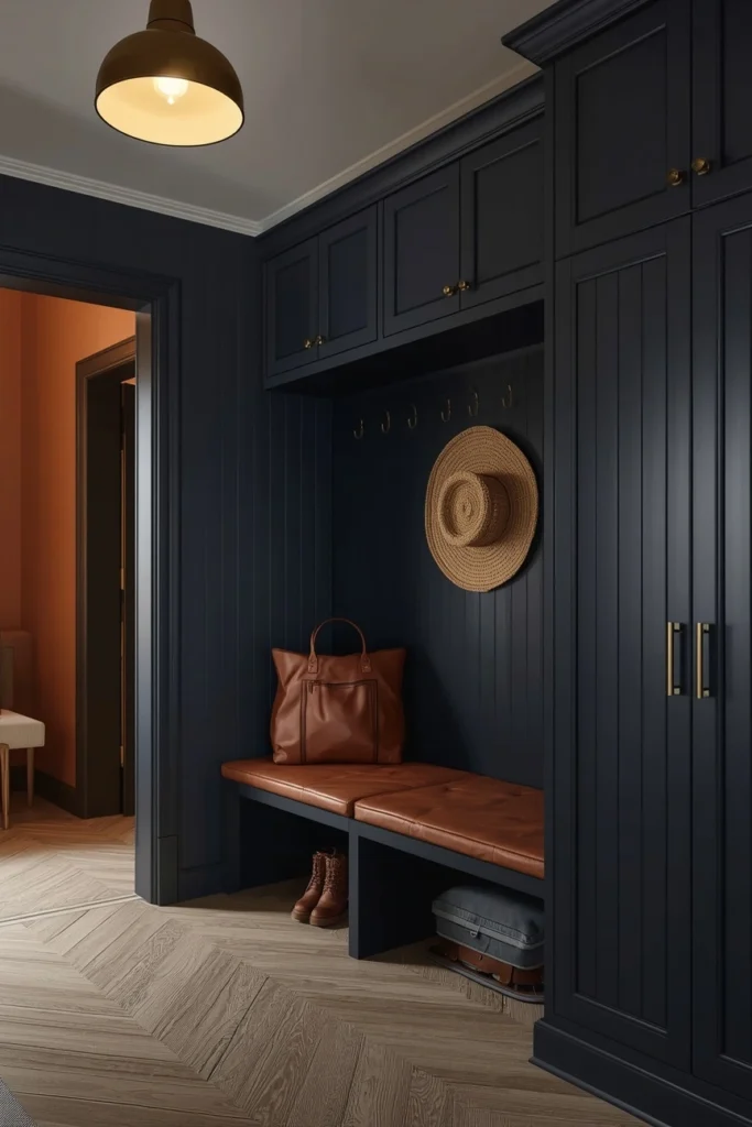 20 Mudroom Entryway Ideas That Are Beautiful Enough to Be a Design Feature 2 The Dark & Dramatic Mudroom โ Navy Built-Ins with Brass Hardware