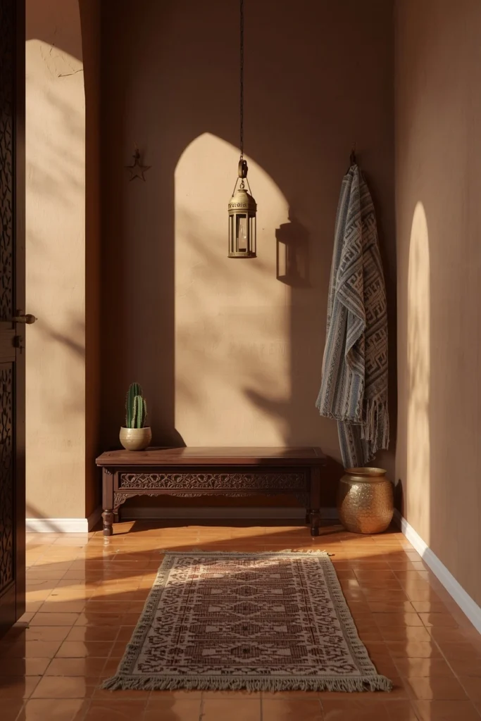 20 Boho Mudroom Ideas That Make Your Entryway Feel Like a Whole Vibe 11 Boho Farmhouse Bench Corner — Small Space, Big Personality