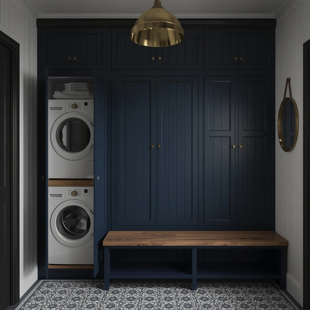 17 Small Mudroom Laundry Combo Ideas That Are Organized, Stylish, and Super Functional 10 The Moody Dark Mudroom Laundry Combo