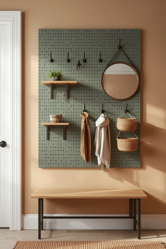 18 Mini Mudroom Ideas That Prove You Don't Need Much Space to Stay Organized 11 Pegboard Mini Mudroom