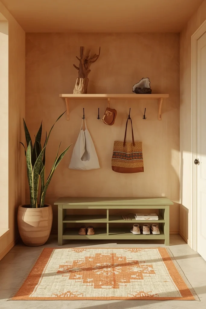 20 Boho Mudroom Ideas That Make Your Entryway Feel Like a Whole Vibe 12 Indigo and Rust Boho Mudroom — The Jewel Tone Version