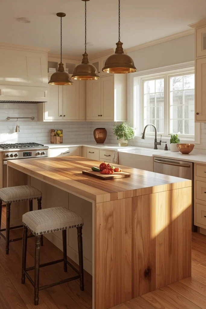 17 Farmhouse Kitchen Ideas That Feel Like a Warm Hug Every Morning 12 The Butcher Block Island Farmhouse Kitchen