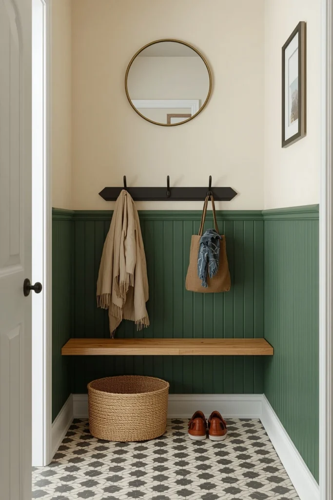 18 Mini Mudroom Ideas That Prove You Don't Need Much Space to Stay Organized 13 Two-Tone Beadboard Mini Mudroom