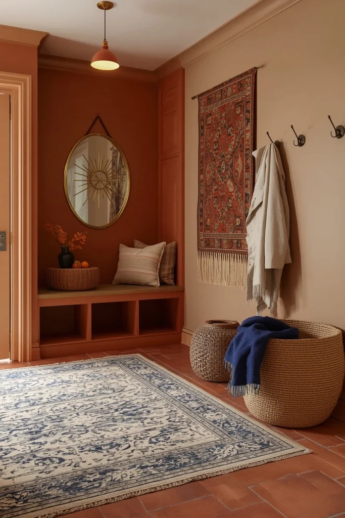 20 Boho Mudroom Ideas That Make Your Entryway Feel Like a Whole Vibe 14 Boho Mudroom with Tapestry Walls and Floor Cushions