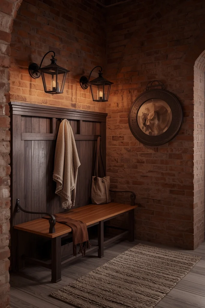 20 Mudroom Entryway Ideas That Are Beautiful Enough to Be a Design Feature 14 Deep Burgundy Mudroom with Aged Brass Details