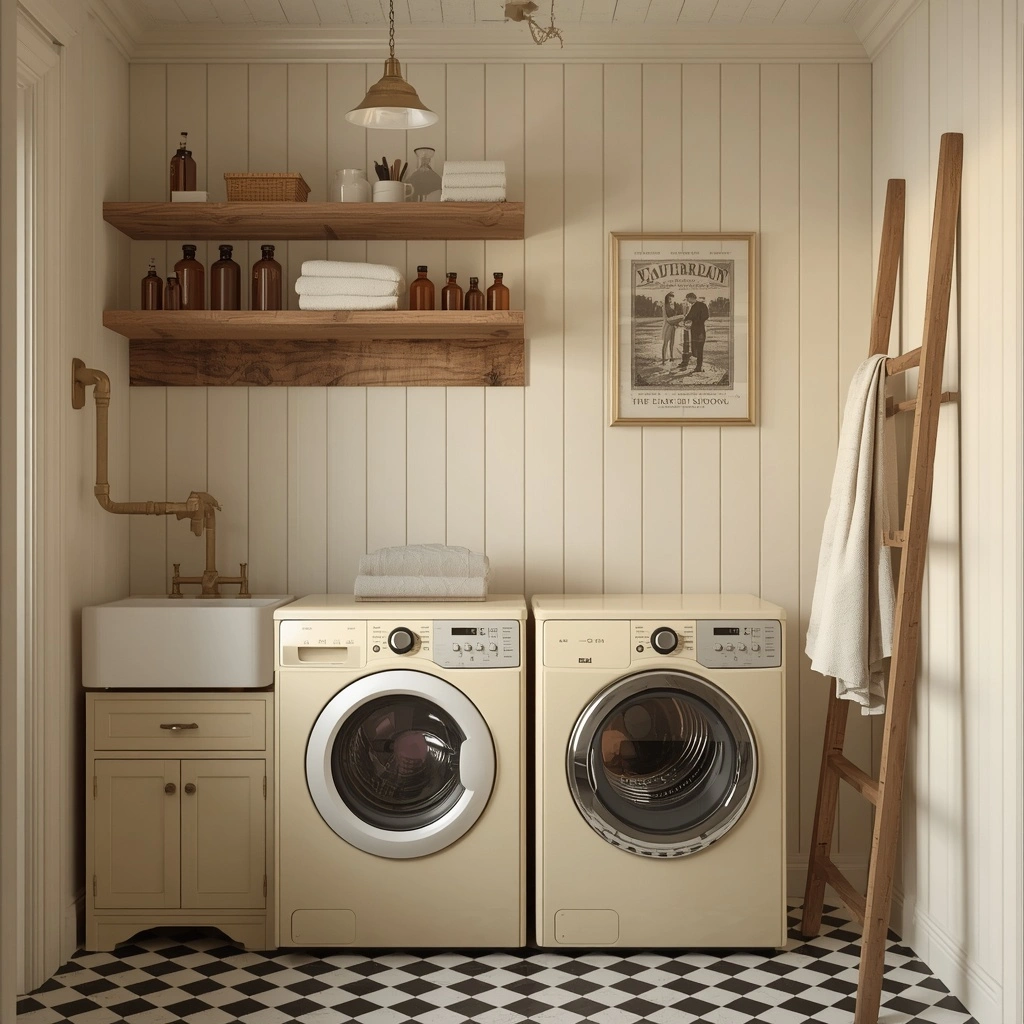 17 Small Mudroom Laundry Combo Ideas That Are Organized, Stylish, and Super Functional 13 The Vintage-Inspired Mudroom Laundry Station
