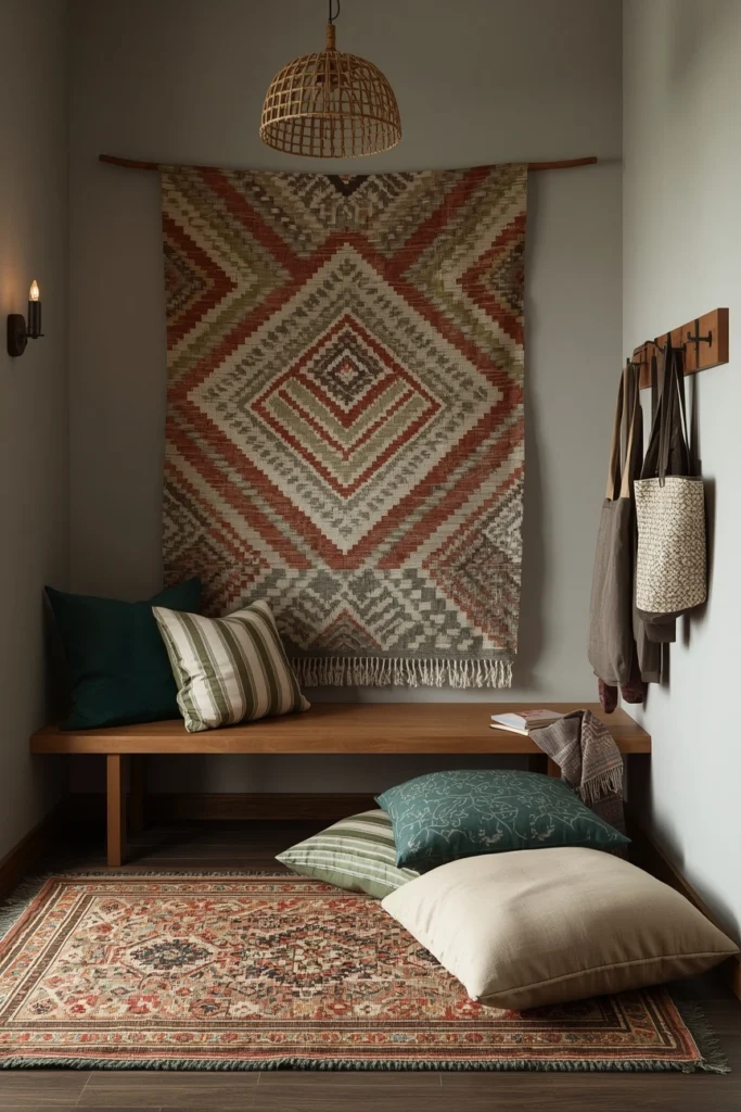 20 Boho Mudroom Ideas That Make Your Entryway Feel Like a Whole Vibe 16 Dark Boho Mudroom — Midnight Blue and Dried Botanicals