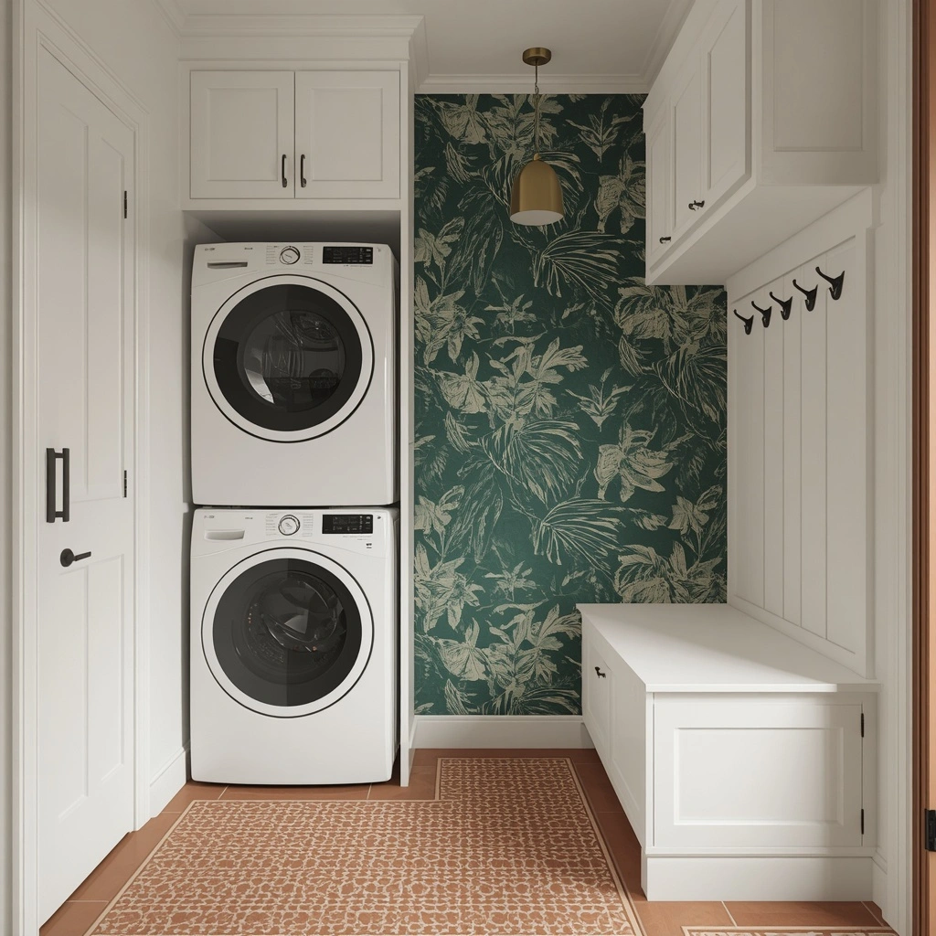 17 Small Mudroom Laundry Combo Ideas That Are Organized, Stylish, and Super Functional 15 The Bold Wallpaper Accent Mudroom Laundry Room