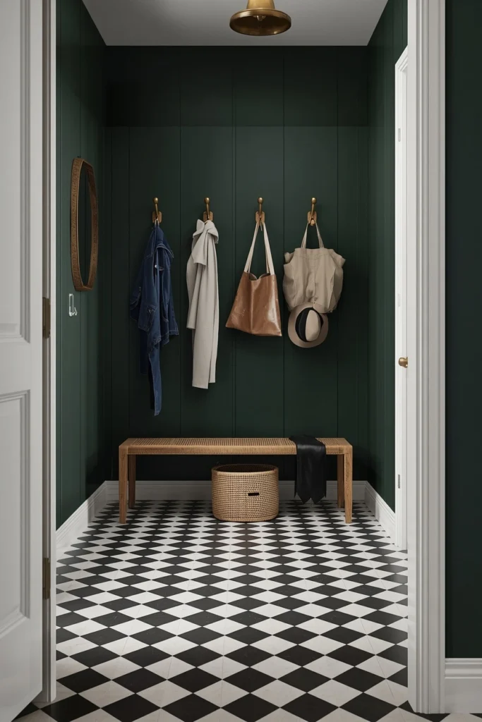 18 Mini Mudroom Ideas That Prove You Don't Need Much Space to Stay Organized 17 Mini Mudroom with Bold Tile Floor