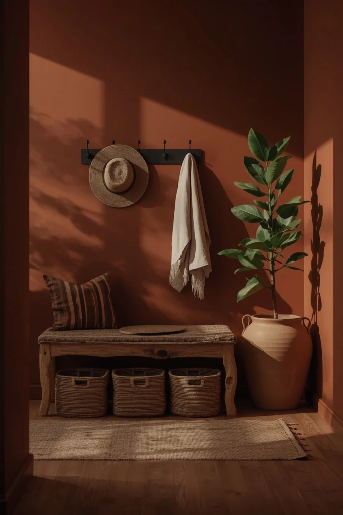 20 Boho Mudroom Ideas That Make Your Entryway Feel Like a Whole Vibe 3 Macramé Statement Wall Above a Cane Bench