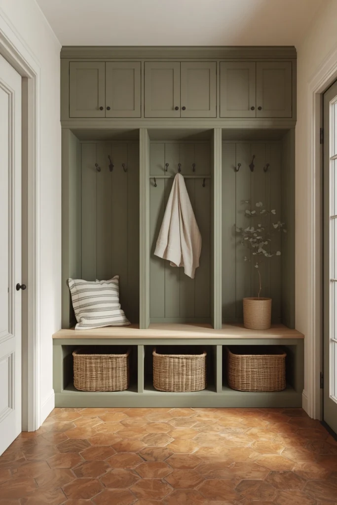 20 Mudroom Entryway Ideas That Are Beautiful Enough to Be a Design Feature 3 Sage Green Cubbies with Hexagon Tile Floor