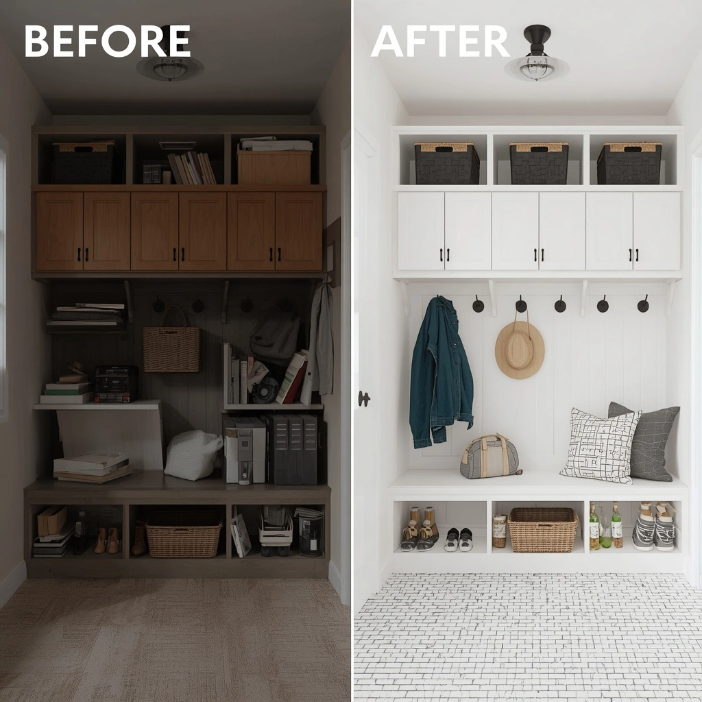 17 Small Mudroom Laundry Combo Ideas That Are Organized, Stylish, and Super Functional 22 before and after styling of laundry mudroom combo