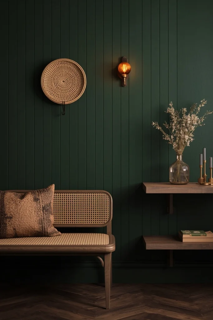 20 Mudroom Entryway Ideas That Are Beautiful Enough to Be a Design Feature 4 Moody Forest Green Shiplap with Rattan Accents