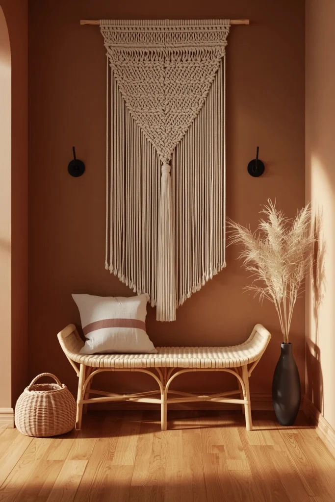 20 Boho Mudroom Ideas That Make Your Entryway Feel Like a Whole Vibe 5 Moody Boho — Deep Rust Walls with Mixed Metal Hooks
