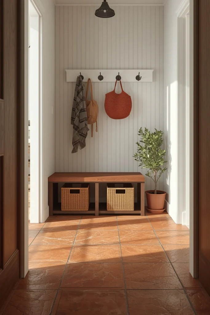 20 Mudroom Entryway Ideas That Are Beautiful Enough to Be a Design Feature 5 mudroom entryway with Terracotta Tile Floor + Warm Wood Bench