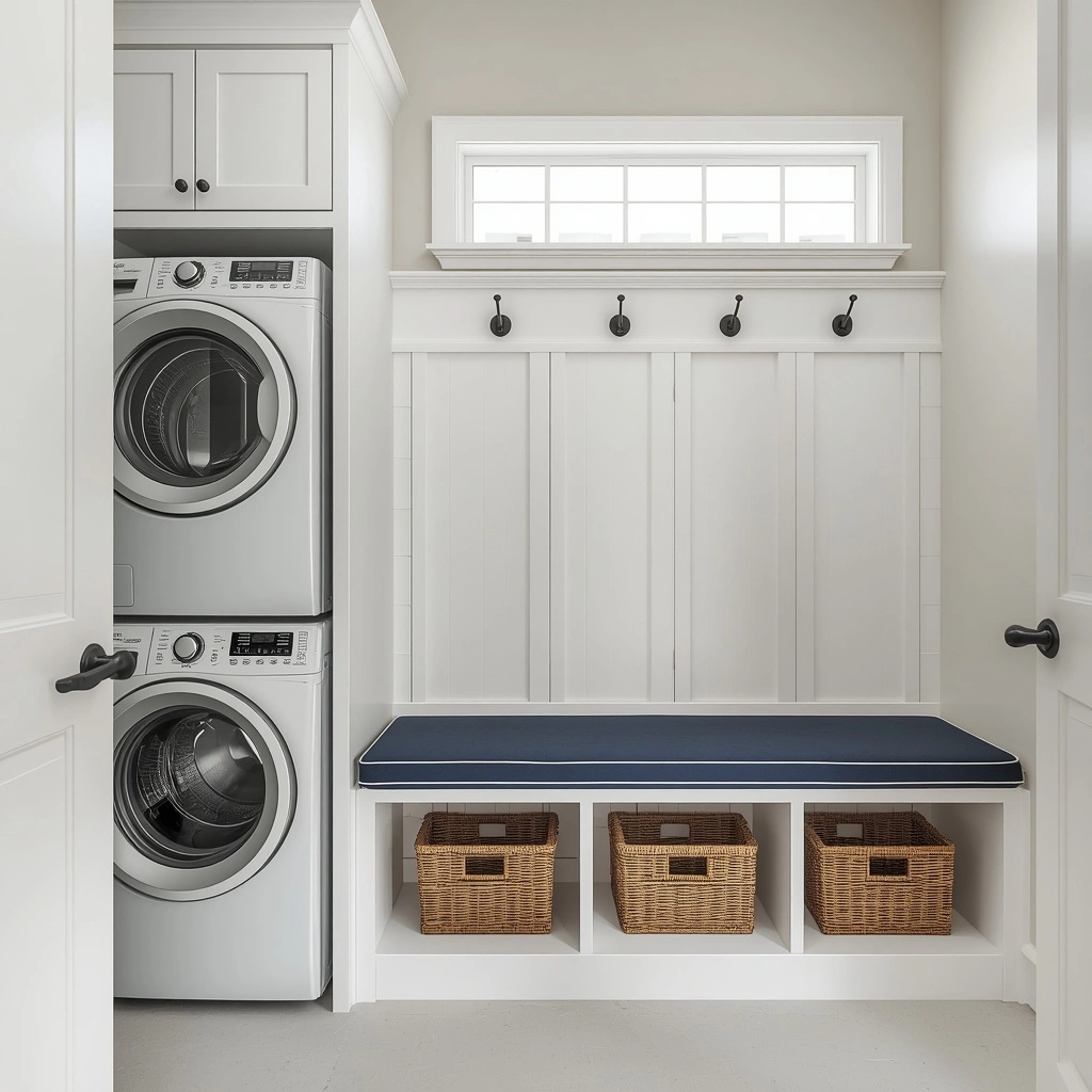 17 Small Mudroom Laundry Combo Ideas That Are Organized, Stylish, and Super Functional 4 laundry mudroom with washing machine at one side