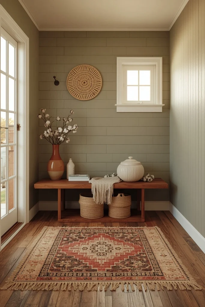 20 Boho Mudroom Ideas That Make Your Entryway Feel Like a Whole Vibe 6 The Layered Rug Boho Entryway
