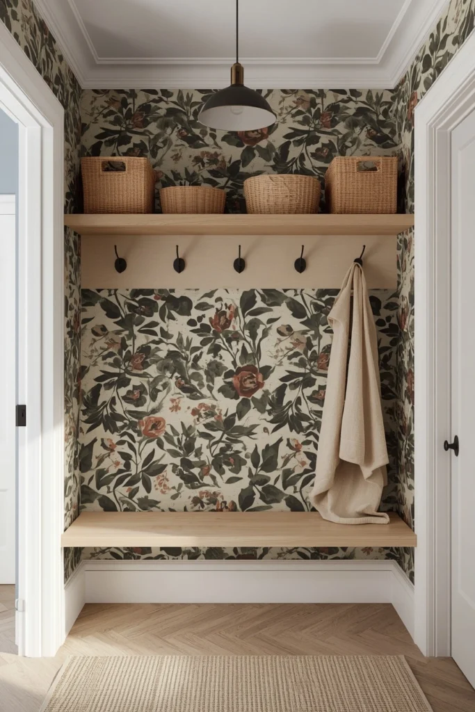 20 Mudroom Entryway Ideas That Are Beautiful Enough to Be a Design Feature 6 The Bold Wallpaper Mudroom entryway