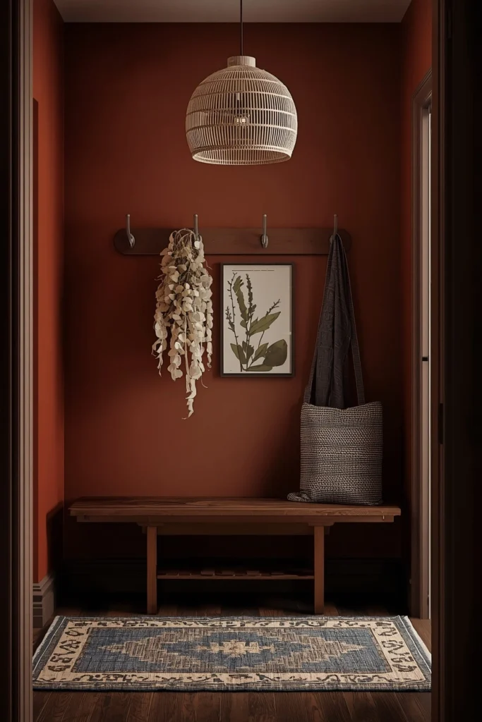 20 Boho Mudroom Ideas That Make Your Entryway Feel Like a Whole Vibe 7 Modern Boho Mudroom with Warm Wood Slats and Pampas Grass