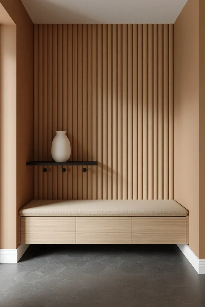20 Mudroom Entryway Ideas That Are Beautiful Enough to Be a Design Feature 7 Japandi-Inspired mudroom Entryway with Vertical Wood Slats