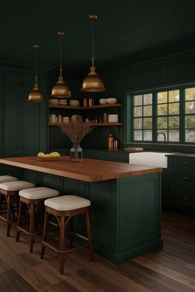 17 Farmhouse Kitchen Ideas That Feel Like a Warm Hug Every Morning 8 Moody Forest Green Farmhouse Kitchen