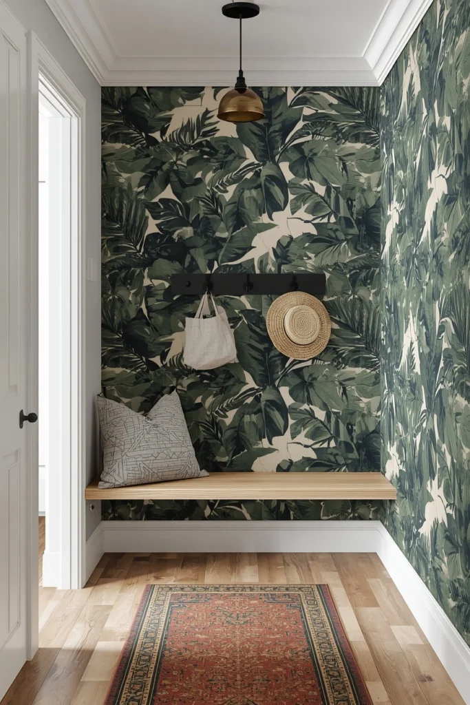 18 Mini Mudroom Ideas That Prove You Don't Need Much Space to Stay Organized 8 Bold Wallpaper Mini Mudroom