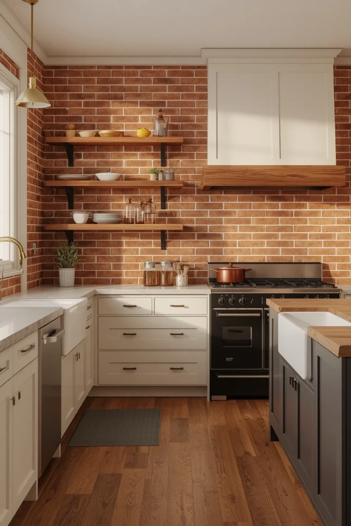 17 Farmhouse Kitchen Ideas That Feel Like a Warm Hug Every Morning 9 The Brick Backsplash Farmhouse Kitchen