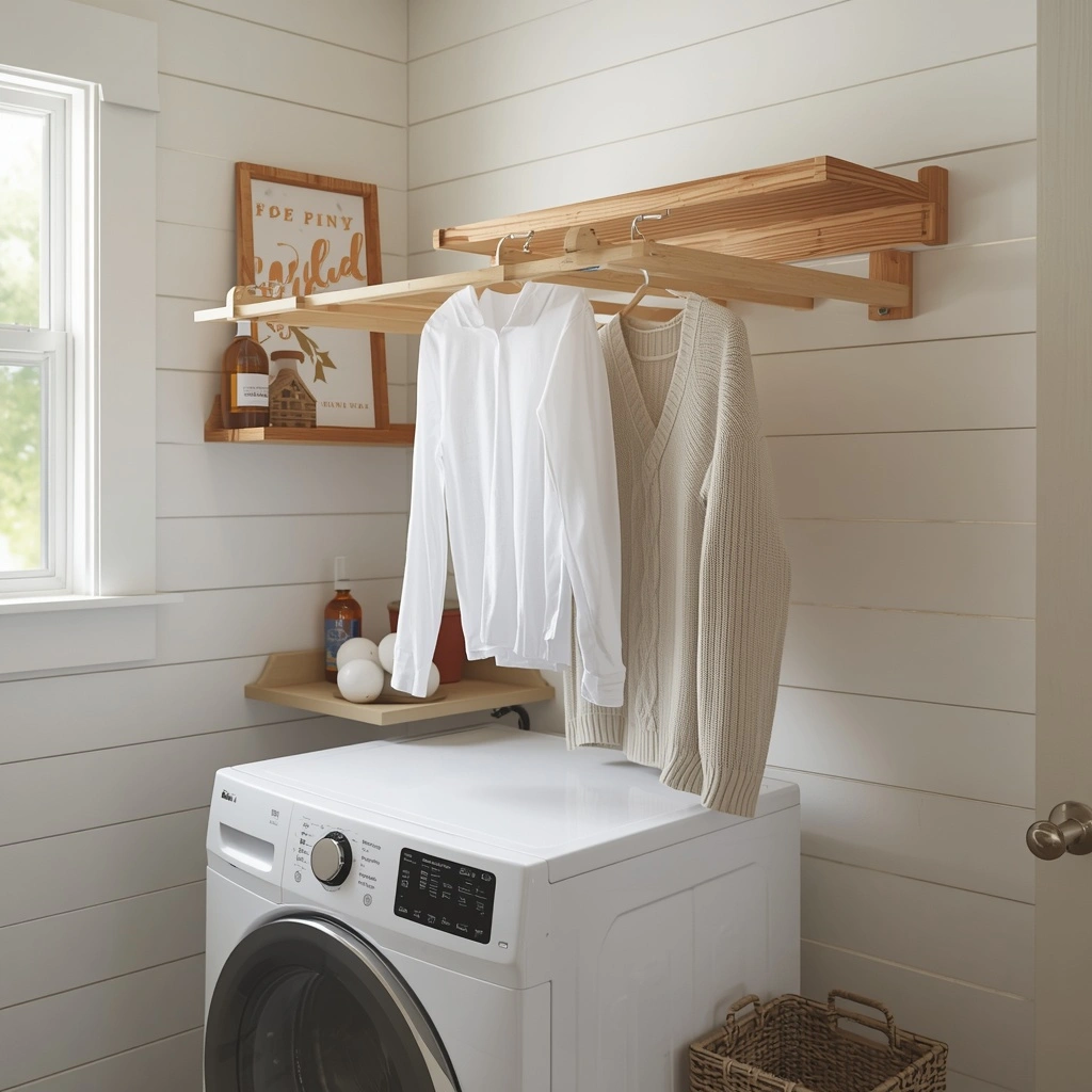 17 Small Mudroom Laundry Combo Ideas That Are Organized, Stylish, and Super Functional 9 The Over-Washer Drying Rack in laundry mudroom