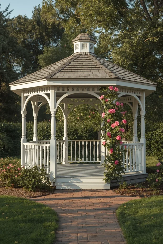 18 Backyard Gazebo Ideas That Create the Most Beautiful Outdoor Escape 2 a white Victorian octagonal gazebo with turned spindle railings