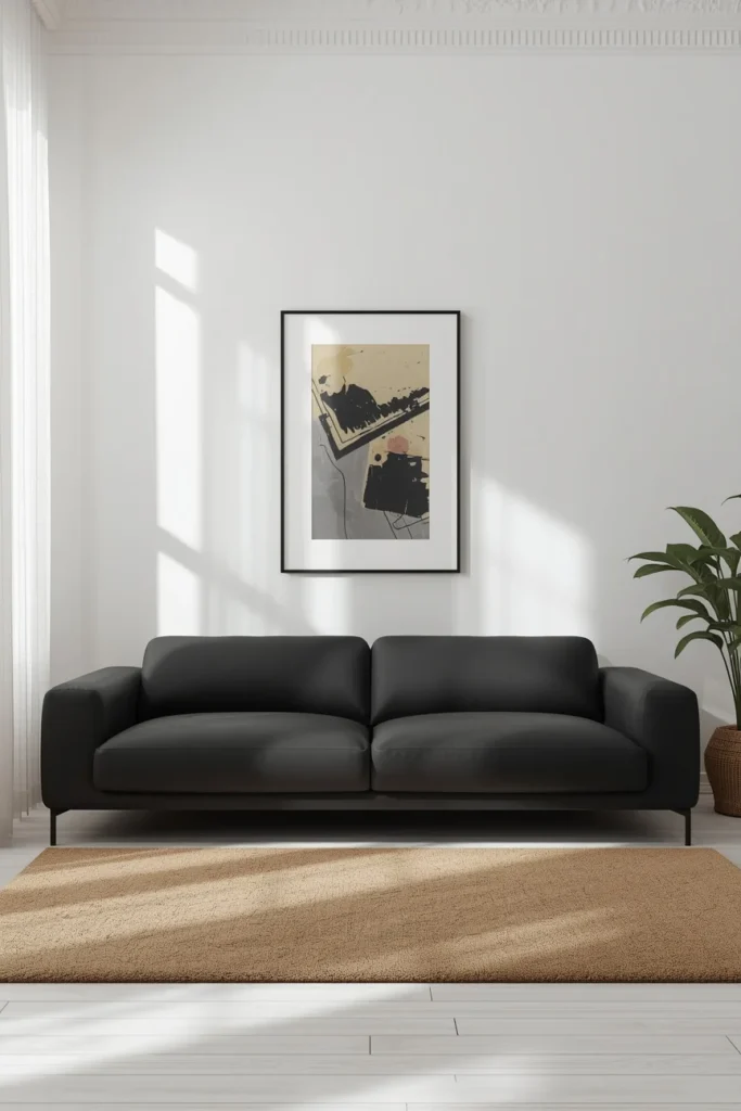 23 Black Sofa Living Room Ideas That Look Sleek, Bold & Super Expensive 2 living room, featuring a sleek black sofa against bright white walls