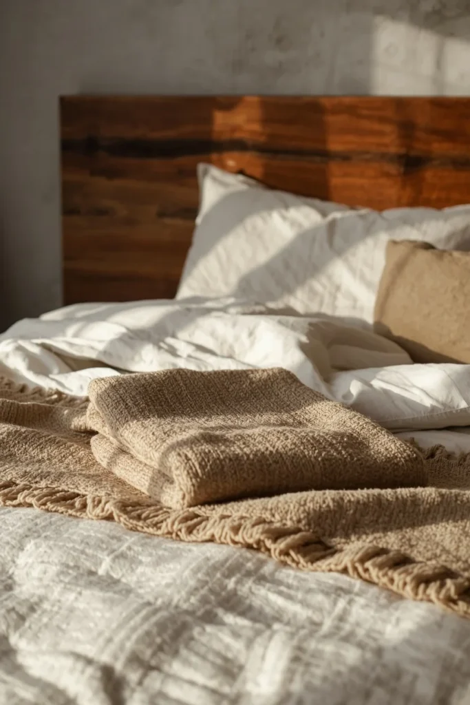 25 Boho Farmhouse Bedroom Ideas That Are Effortlessly Cozy & Beautiful 2 bedroom close-up, featuring a reclaimed wood bed frame