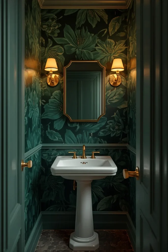 22 Bold Bathroom Wallpaper Ideas That Make Every Guest Say Wow 2 powder room, featuring deep emerald green oversized floral wallpaper,