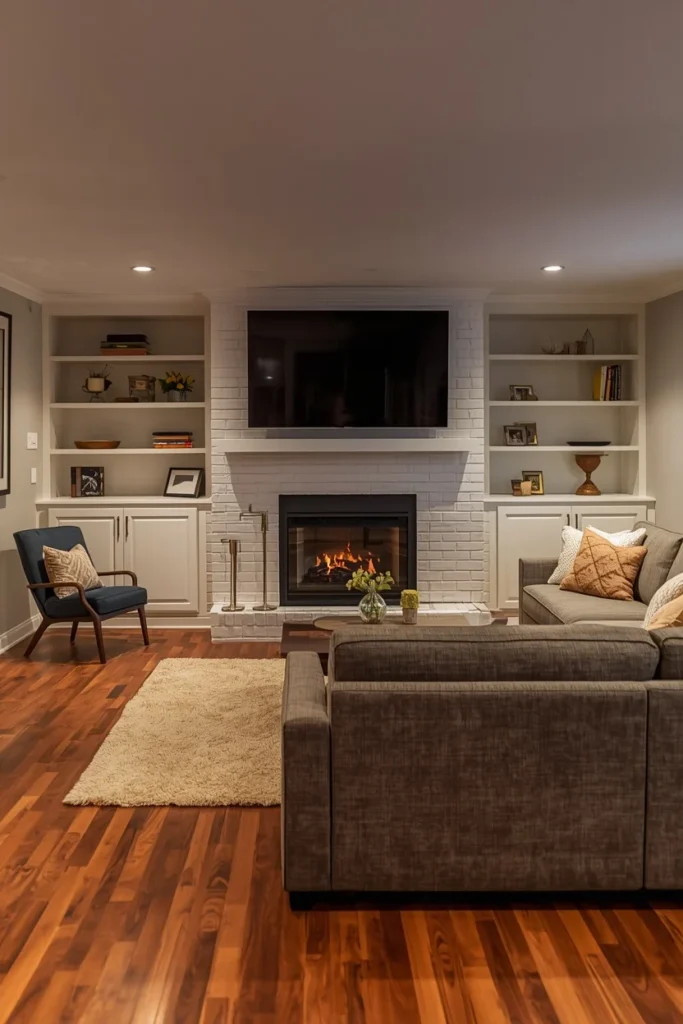 18 Cozy Basement Ideas That Transform Dead Space Into a Family Favorite Room 2 The Fireplace-Anchored Family Room