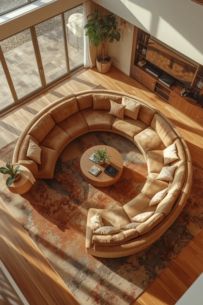 24 Family Room Ideas That Are Stylish Enough for Adults, Fun for Kids 2 family room, featuring a curved crescent sectional sofa