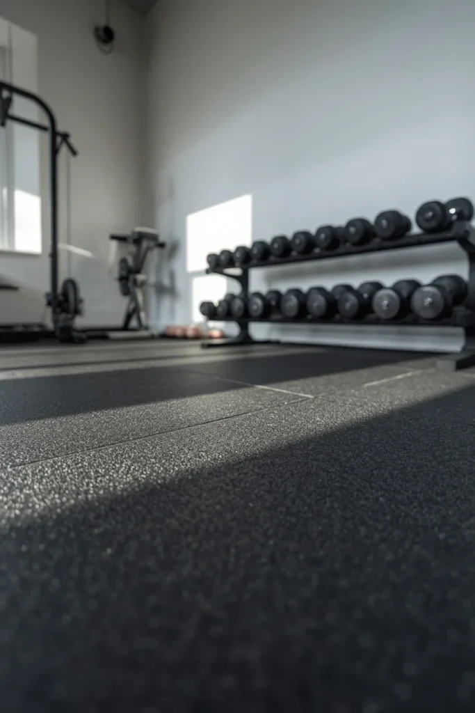 18 Home Gym Ideas That Make Working Out at Home Feel Seriously Motivating 2 home gym, featuring thick charcoal gray rubber flooring tiles
