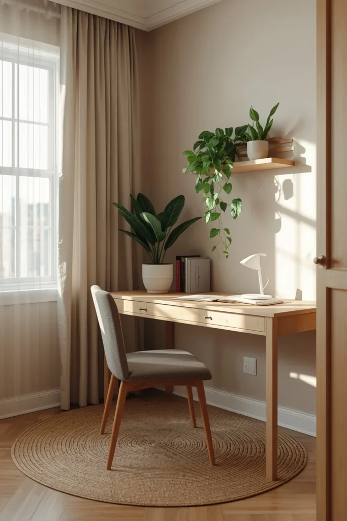21 Home Office Aesthetic Ideas That Make Working From Home Actually Enjoyable 2 home office corner, featuring a light oak desk