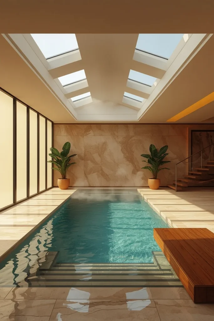 23 Modern Indoor Pool Designs That Are Pure Luxury Right Inside Your Home 2 luxury indoor pool room, crystal-clear turquoise water,