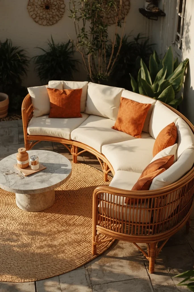 24 Outdoor Patio Furniture Ideas That Are Stylish, Comfy & Weather-Ready 2 backyard patio, featuring a curved rattan sectional sofa