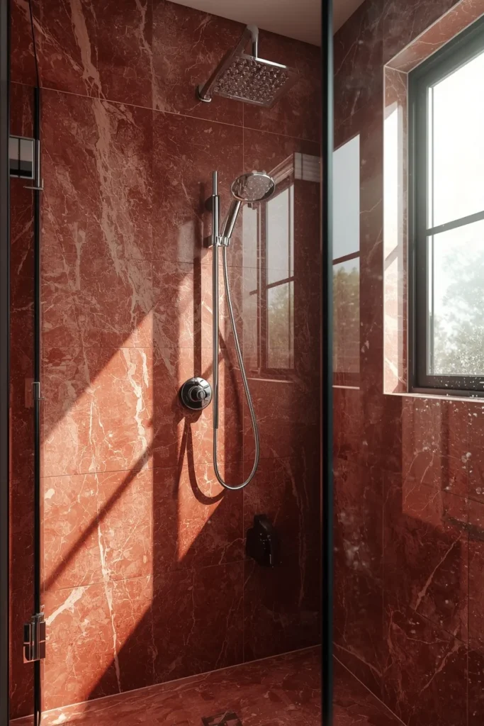 17 Red Marble Bathroom Ideas That Scream Luxury From Every Angle 2 bathroom, featuring a single continuous slab of deep red marble