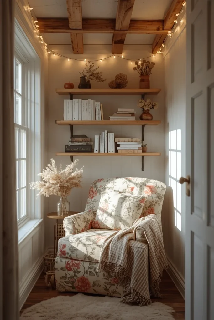 25 She Shed Interior Ideas That Create the Ultimate Personal Retreat 2 she shed reading nook, featuring a slipcovered floral armchair by a window