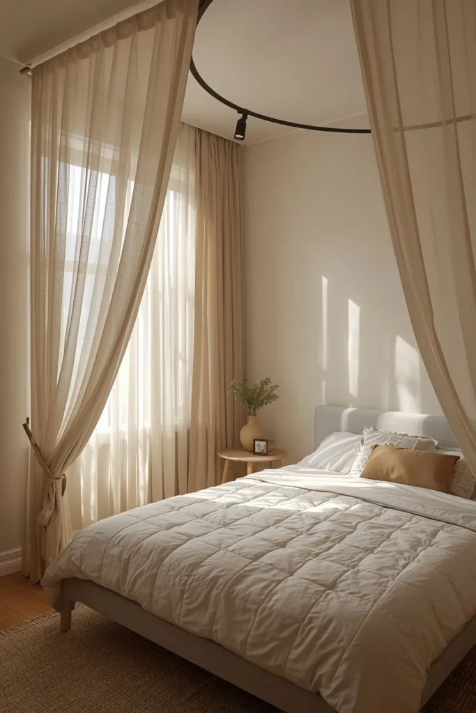 20 Studio Apartment Ideas That Make One Room Feel Like a Whole Beautiful Home 2 studio apartment bedroom nook, featuring floor-to-ceiling sheer linen curtains