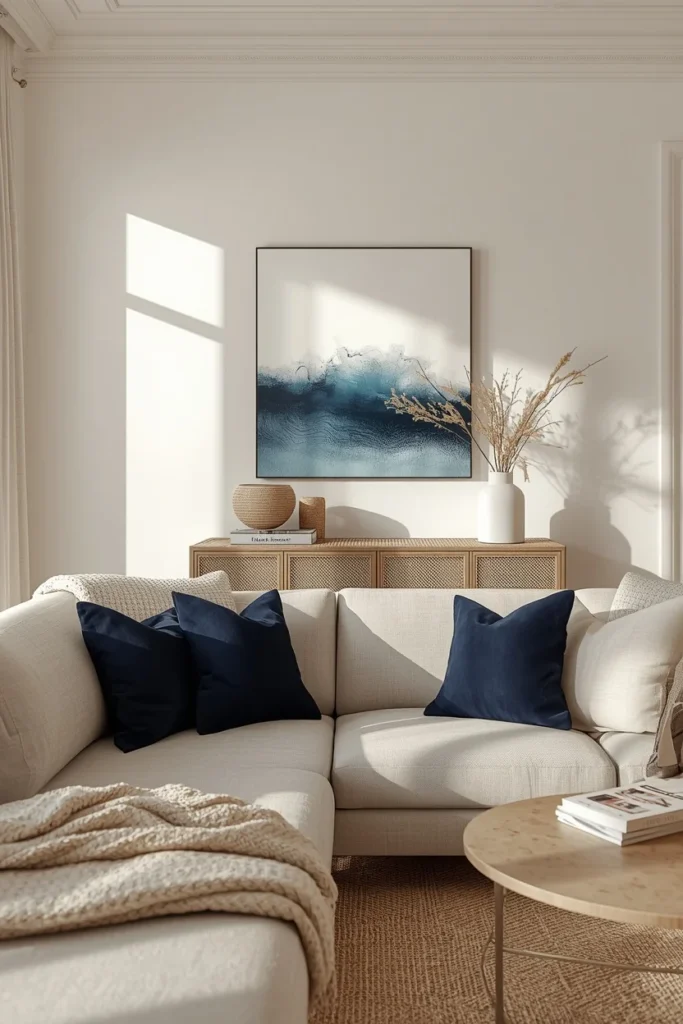 20 Summer House Interior Ideas That Are Bright, Breezy & Beautifully Relaxed 2 coastal living room, featuring a warm white wall with deep navy accent pillows