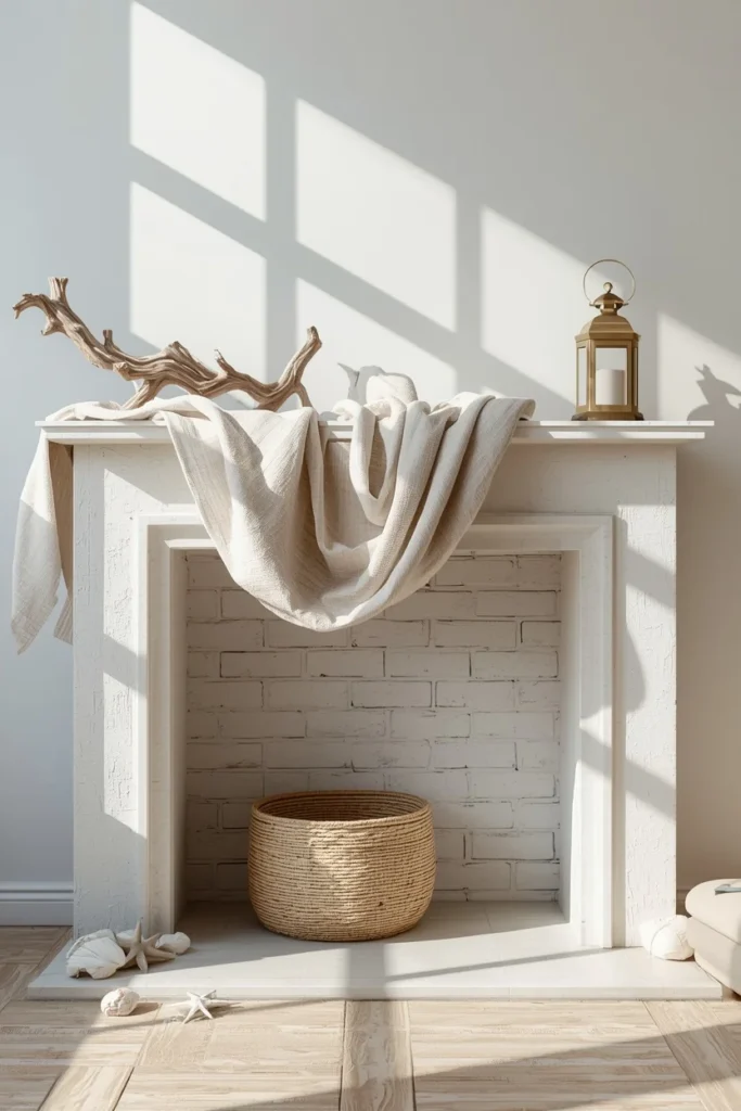 20 Summer Mantel Ideas That Bring Breezy Seasonal Charm Into Your Home 2 fireplace mantel, featuring natural linen draped across the surface