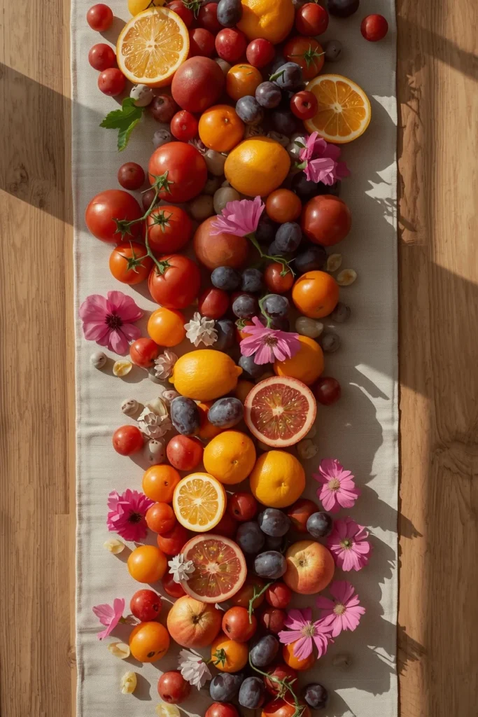 24 Summer Tablescape Ideas That Are Fresh, Colorful & Totally Stunning 2 summer table centerpiece featuring scattered grapes, cherry tomatoes