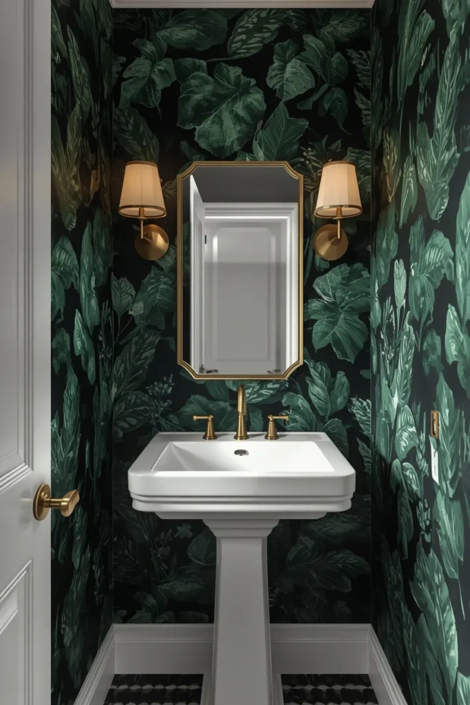 24 Tiny Powder Room Ideas That Make the Biggest Impression 2 small powder room, featuring floor-to-ceiling dark green oversized botanical leaf wallpaper,