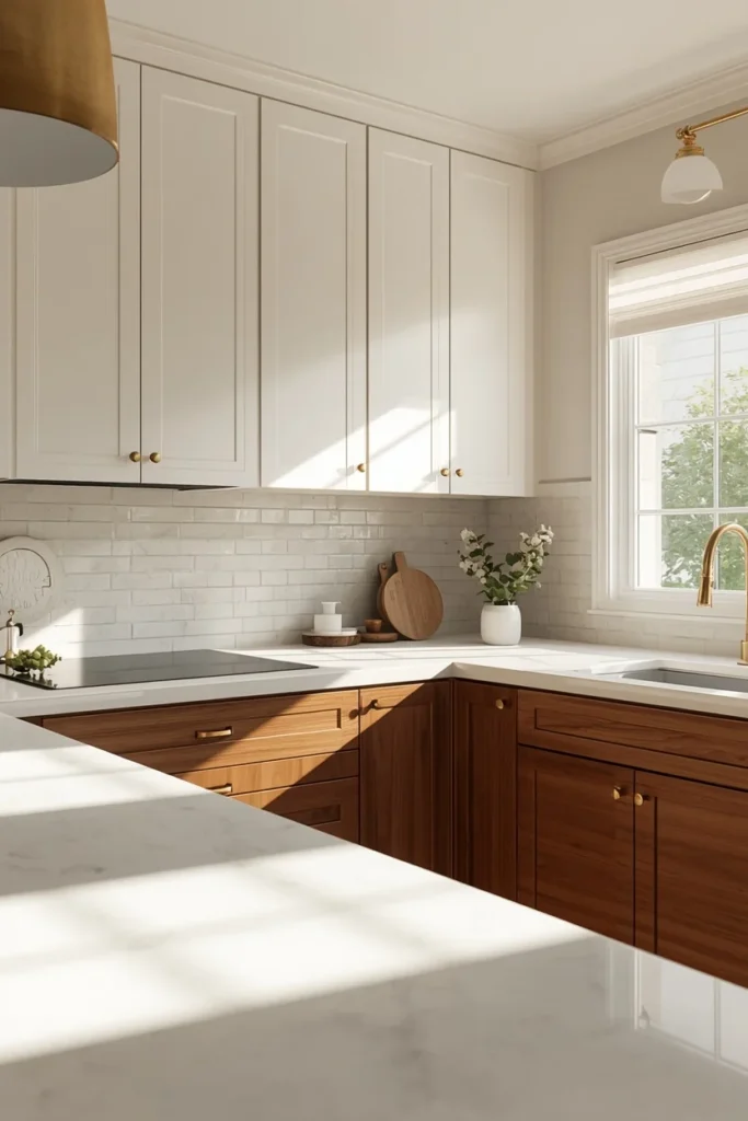 23 Two-Tone Kitchen Cabinet Combos That Look Insanely Expensive 2 warm white shaker upper cabinets and rich walnut lower cabinets