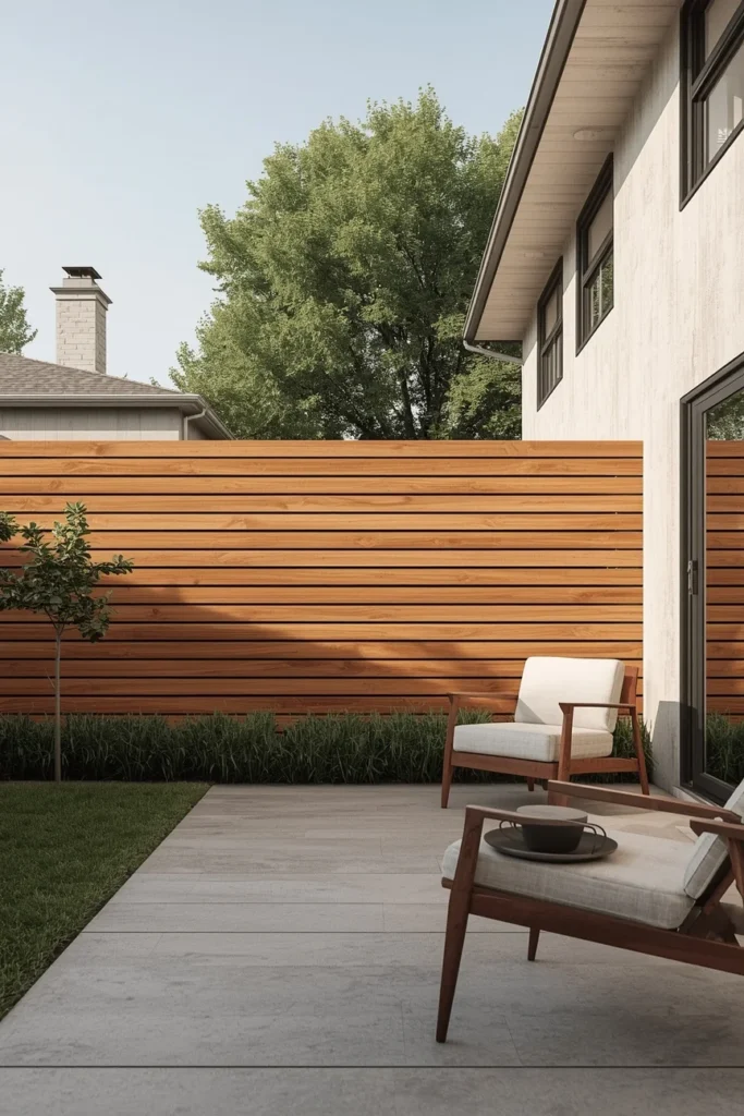 17 Wood Privacy Fence Ideas That Are Beautiful, Functional & Totally Chic 2 backyard exterior, featuring a horizontal cedar slat privacy fence