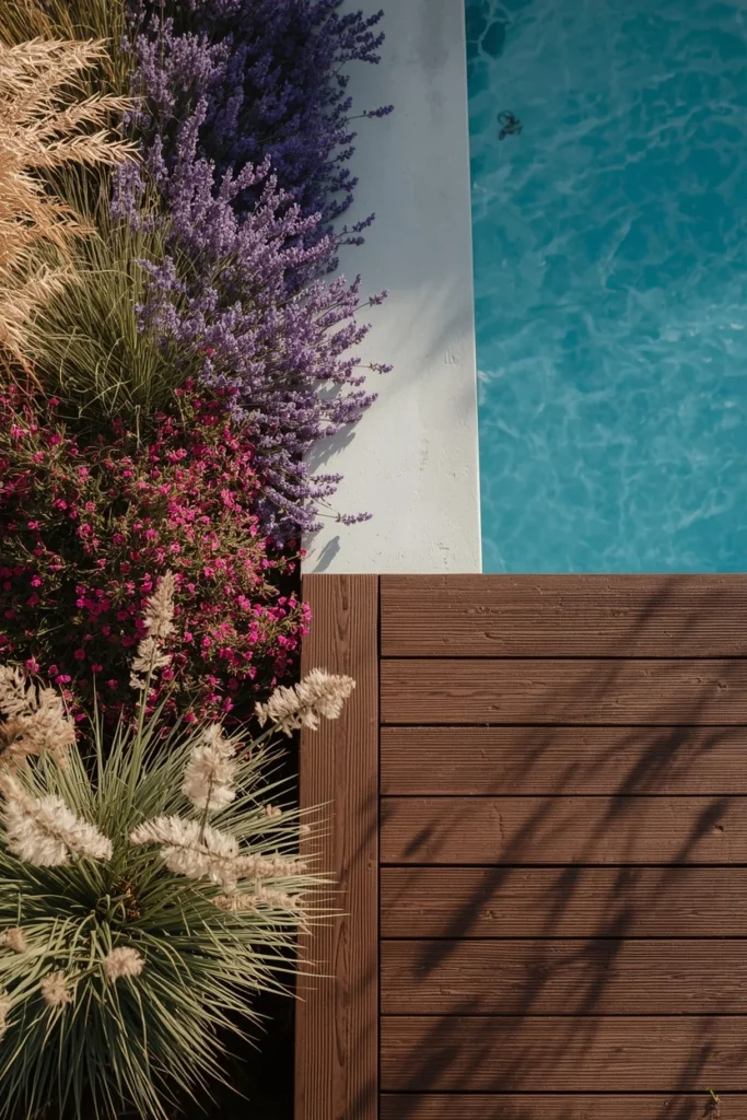 16 Above Ground Pool Ideas That Look Just as Gorgeous as In-Ground Ones 11 Above ground pool deck bordered by a lush flower bed