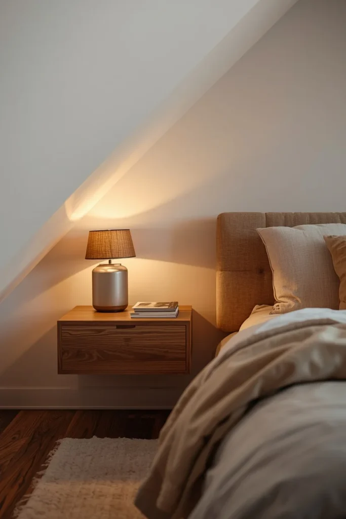 19 Attic Bedroom Ideas That Turn Forgotten Space Into a Dreamy Hideaway 11 attic bedroom detail shot, featuring a floating wood nightstand