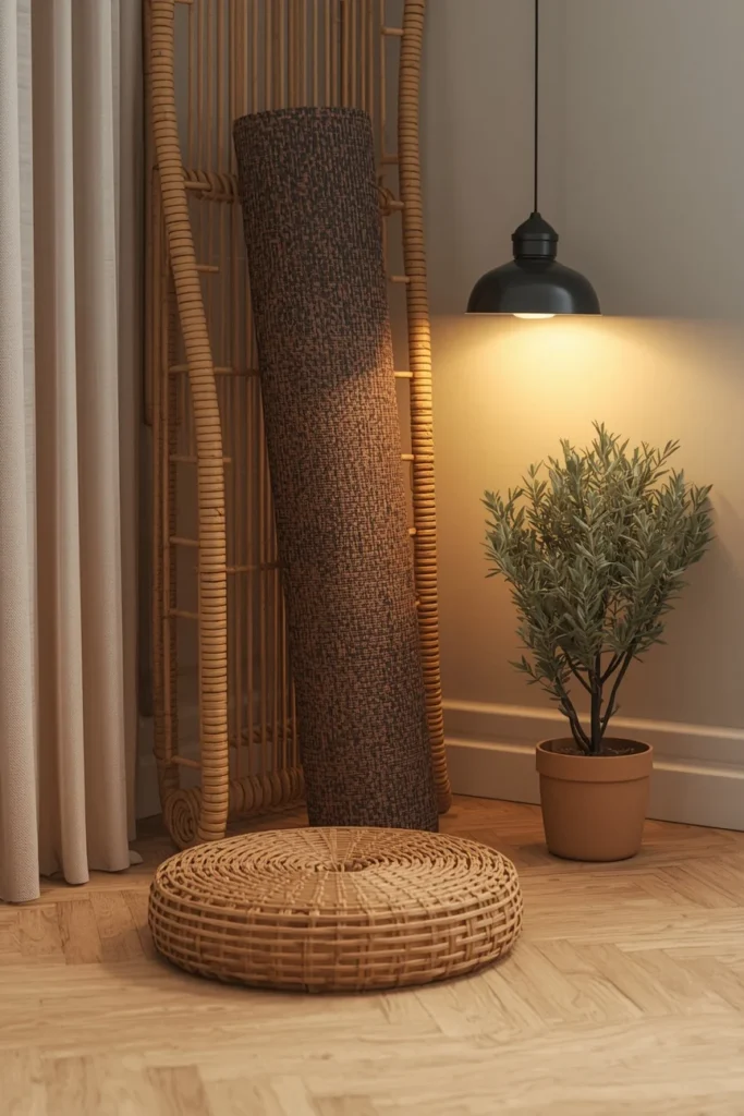 24 Basement Ideas That Transform the Most Overlooked Space Into Your Favorite Room 14 basement wellness corner, featuring a rolled yoga mat